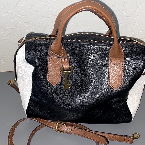 FOSSIL 3 Tone Black/White/Brown Buttery Soft Leather Satchel/Shoulder EUC - Picture 4 of 17